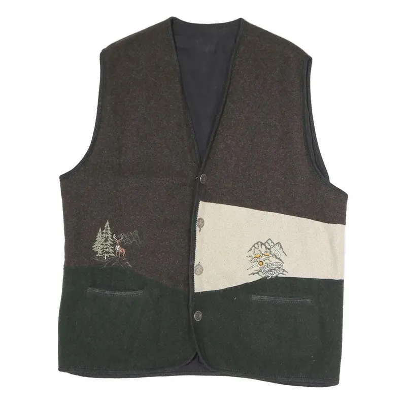 Mens Brown Green & Cream Button Jacket Xl Polyester Blend Plain Embroidered 1