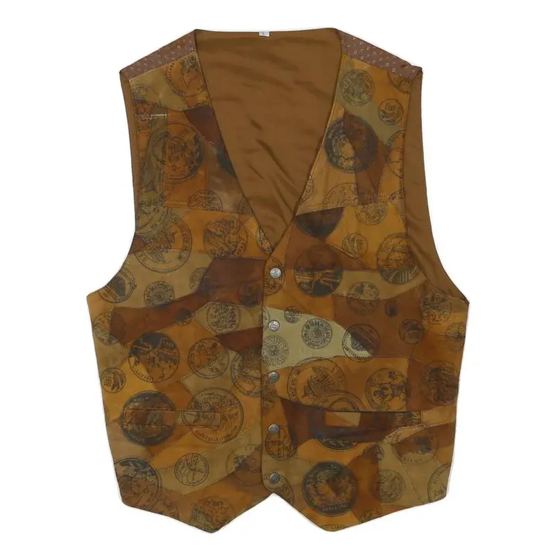 Mens Brown Patchwork Button Jacket L Polyester Blend Vintage Style Waistcoat 1