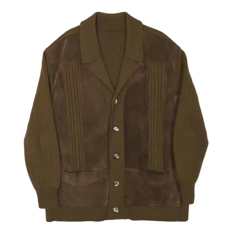Mens Brown Wool Blend Button Jacket L Knit Panelled Plain Long Sleeve Casual 1