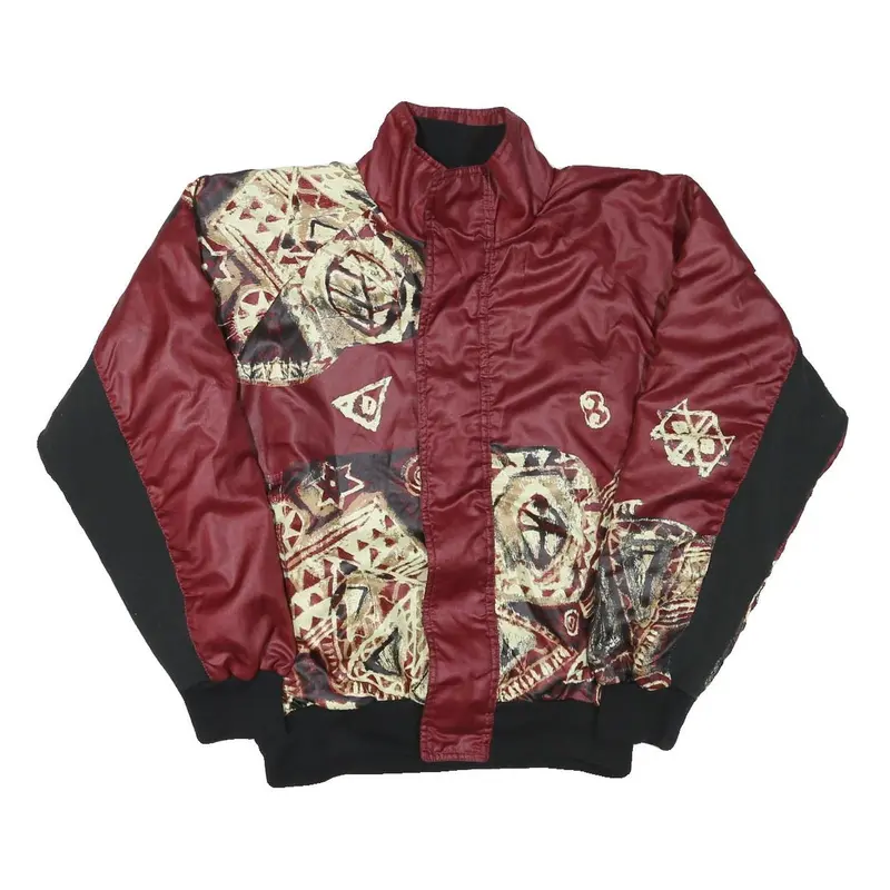 Mens Burgundy & Black Abstract Pattern Zip Jacket L Polyester Blend Casual Cool 1