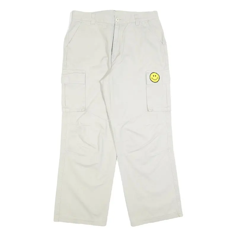 Mens Cotton Blend Relaxed White Cargo Trousers W30 L30 Smiley Patch Pocket 1