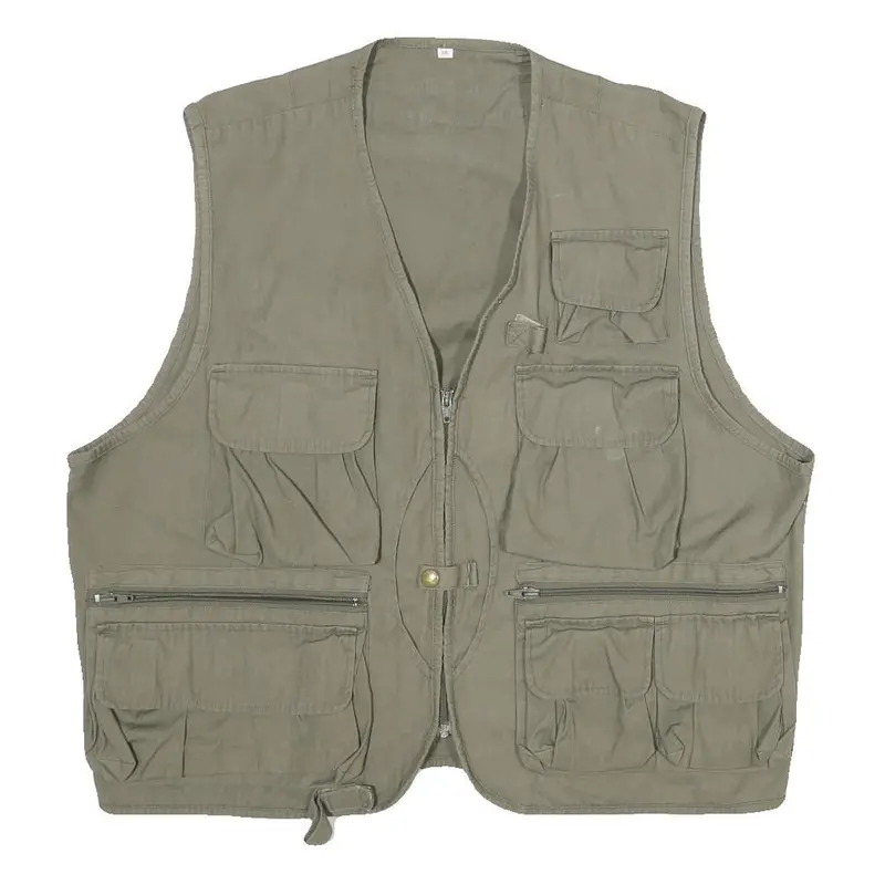 Mens Green Cotton Blend Utility Zip Vest 2Xl Multi Pocket Casual Outdoor 1