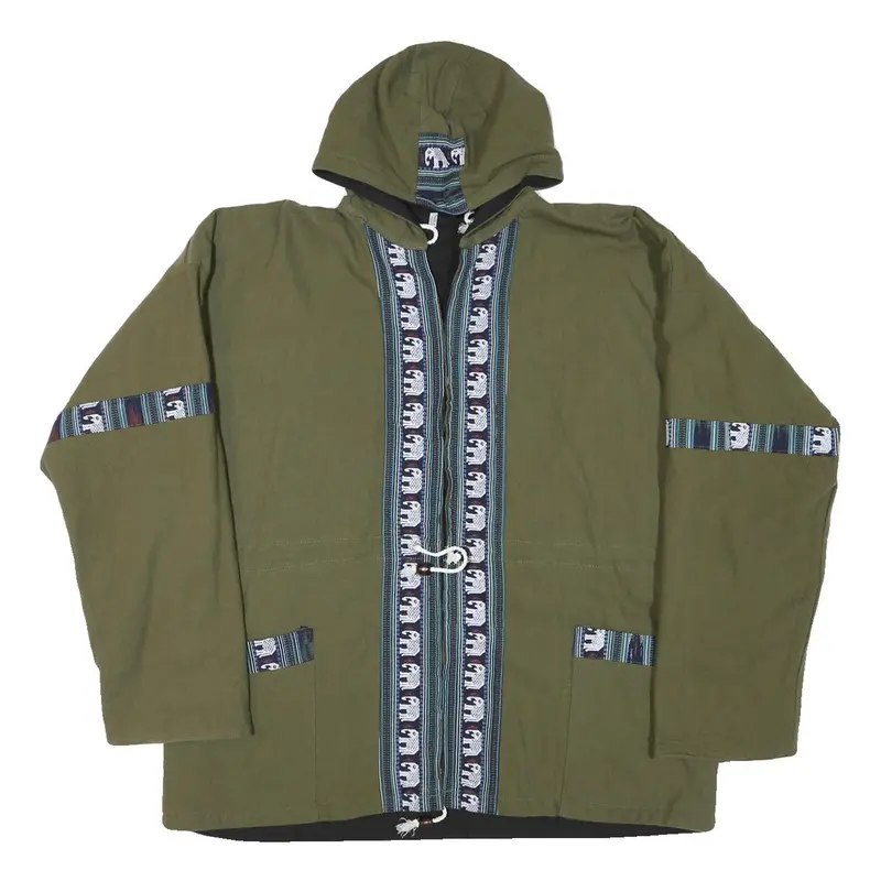 Mens Green Cotton Blend Zip Jacket L Plain Elephant Print Hooded Casual 1