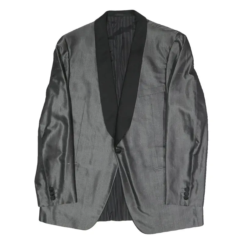 Mens Grey & Black Formal Button Jacket L Polyester Blend Shawl Collar Plain 1