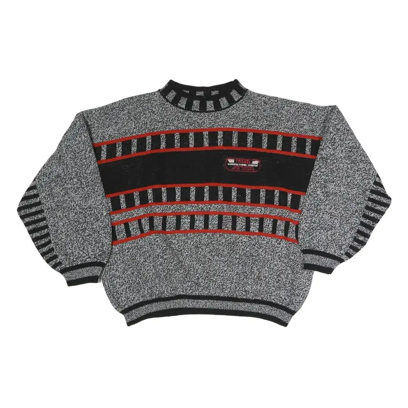 Mens Grey Black & Red Patterned Acrylic Classic Pullover Jumper M 1
