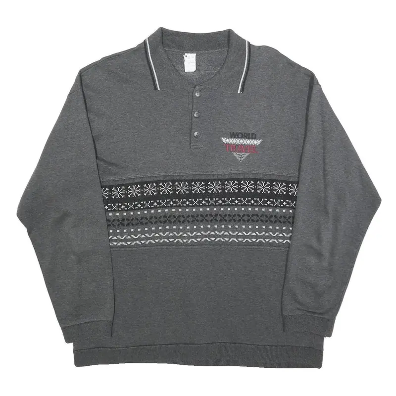 Mens Grey Polo Collar L Sweatshirt Travel Motif Cotton Blend Knit 1