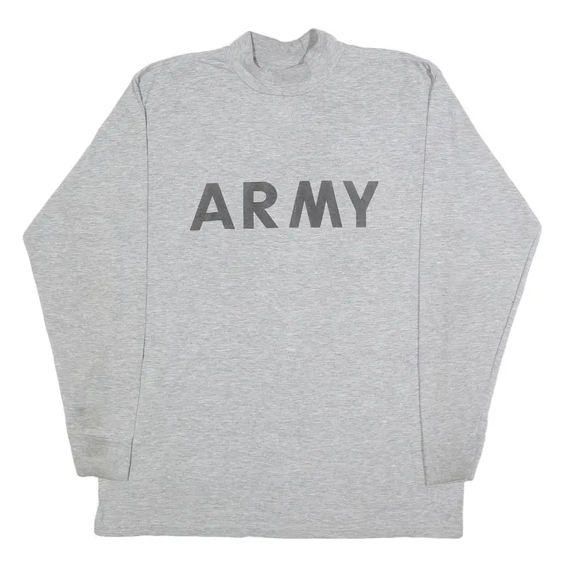 Mens Grey T-Shirt L Long Sleeve Crew Neck Army Print Cotton Blend Casual 1