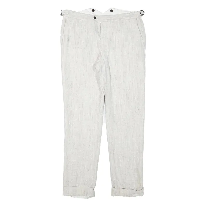 Mens Linen Blend Regular Fit Light Grey Trousers W32 L29 Adjustable Waist Zip 1