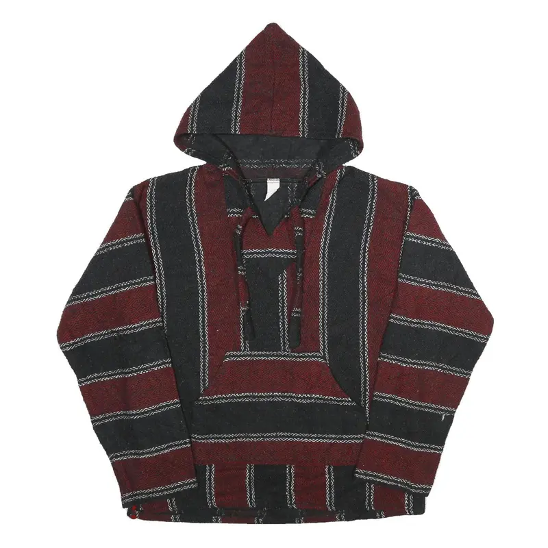 Mens Maroon & Black Striped Hoodie L Acrylic Blend Pullover Casual 1