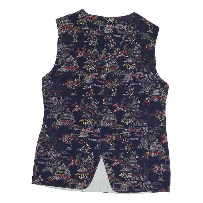 Mens Navy Blue Cotton Blend Button Jacket M Printed Pattern Asian Motif Vest 1