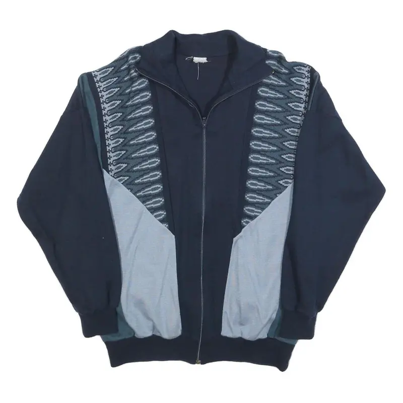 Mens Navy Blue Patterned Full Zip Jumper L Retro Vintage Style 1