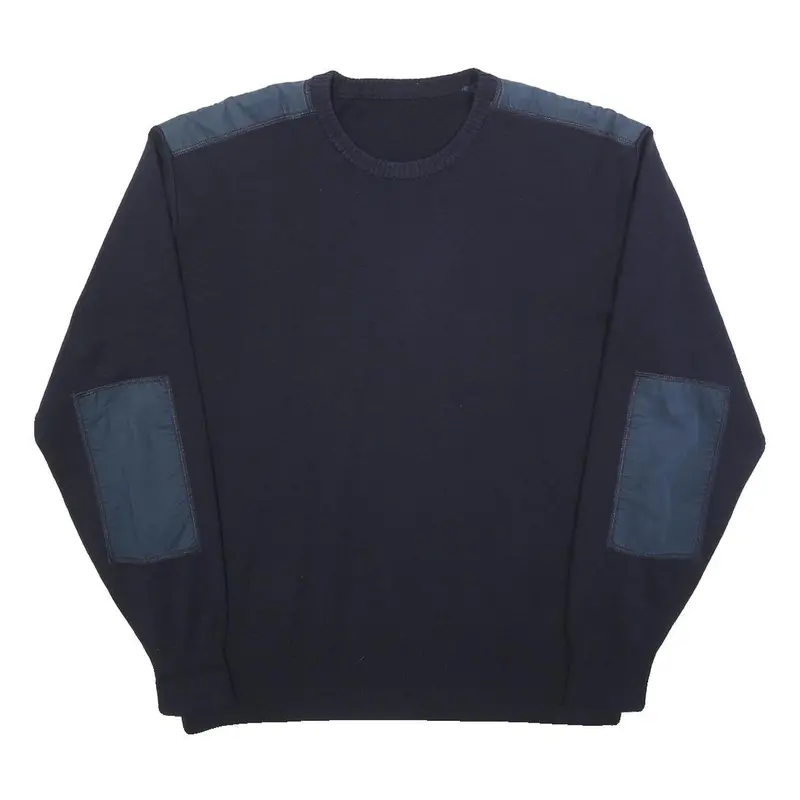 Mens Navy Blue Plain Crew Neck Jumper L Shoulder Elbow Patch Regular Fit 1
