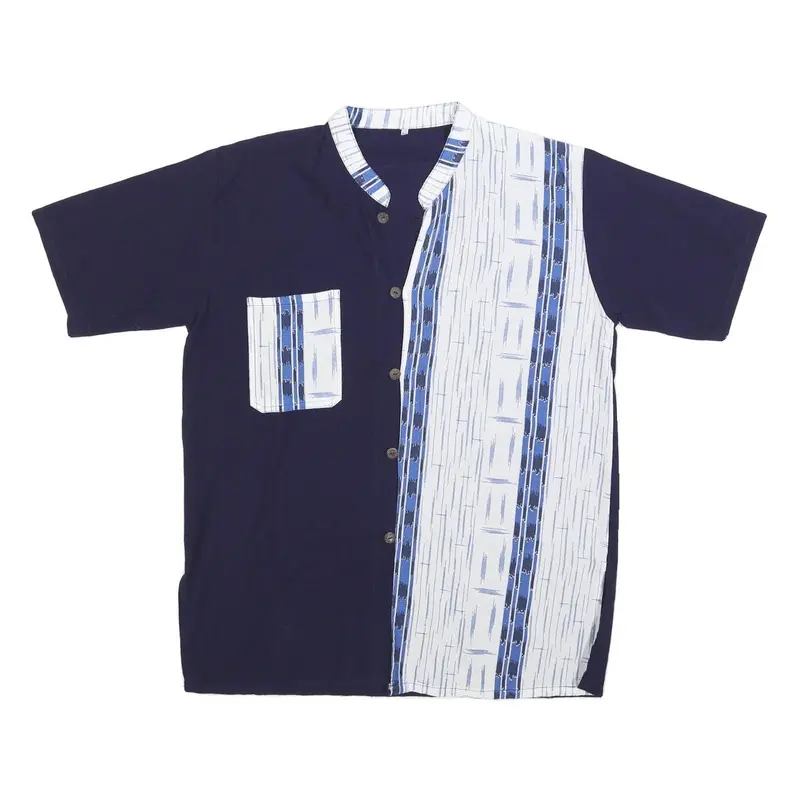 Mens Navy Blue & White Printed Cotton Blend Shirt M Short Sleeve Button Collar 1