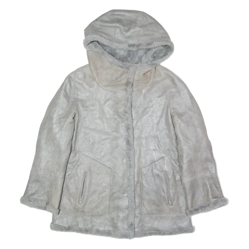Mens Overcoat Coat Silver Shearling Faux Leather S 1