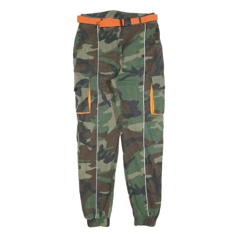 Mens Polyester Blend Camouflage Slim Cargo Trousers W30 L32 Orange Belt 1