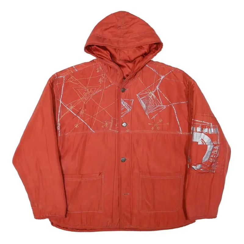 Mens Red Orange Hooded Button Jacket Xl Polyester Blend Artistic Print Casual 1