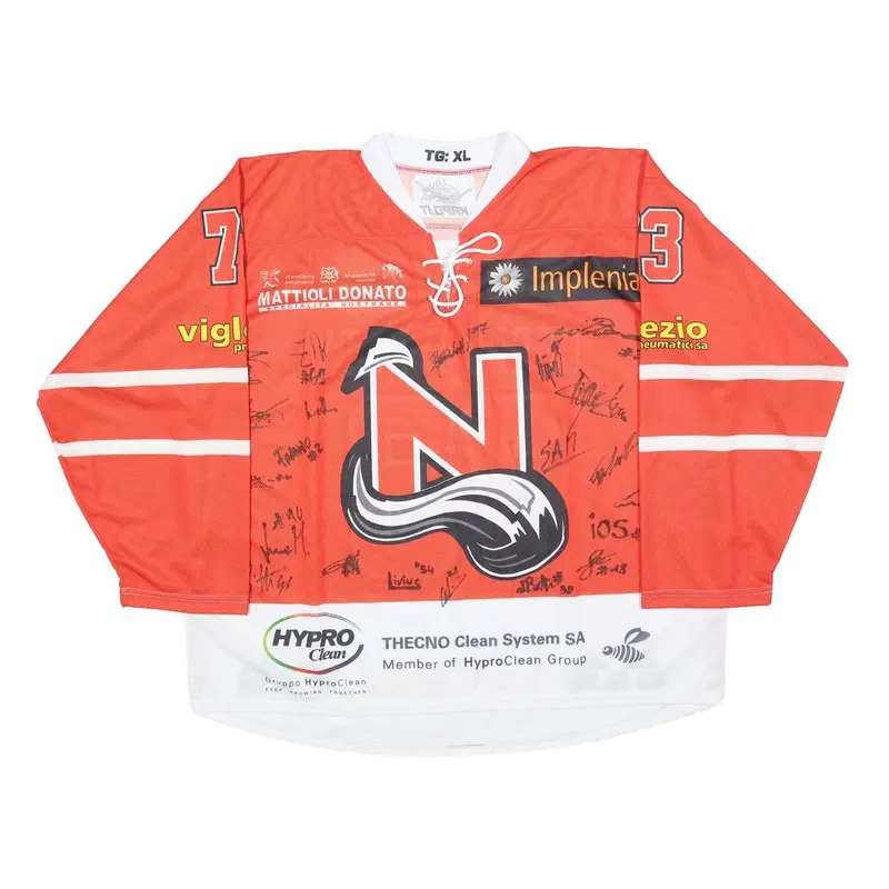 Mens Red & White Hockey Jersey Xl Long Sleeve V-Neck Drawstring Graphic Signed 1