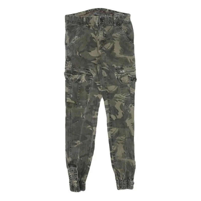 Mens Slim Fit Cotton Blend Green Camouflage Cargo Trousers W29 L30 Zip Pocketed 1