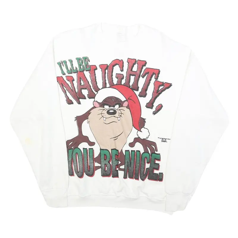Mens White Cotton Blend Looney Tunes Crew Neck L Cartoon Graphic Sweatshirt 1