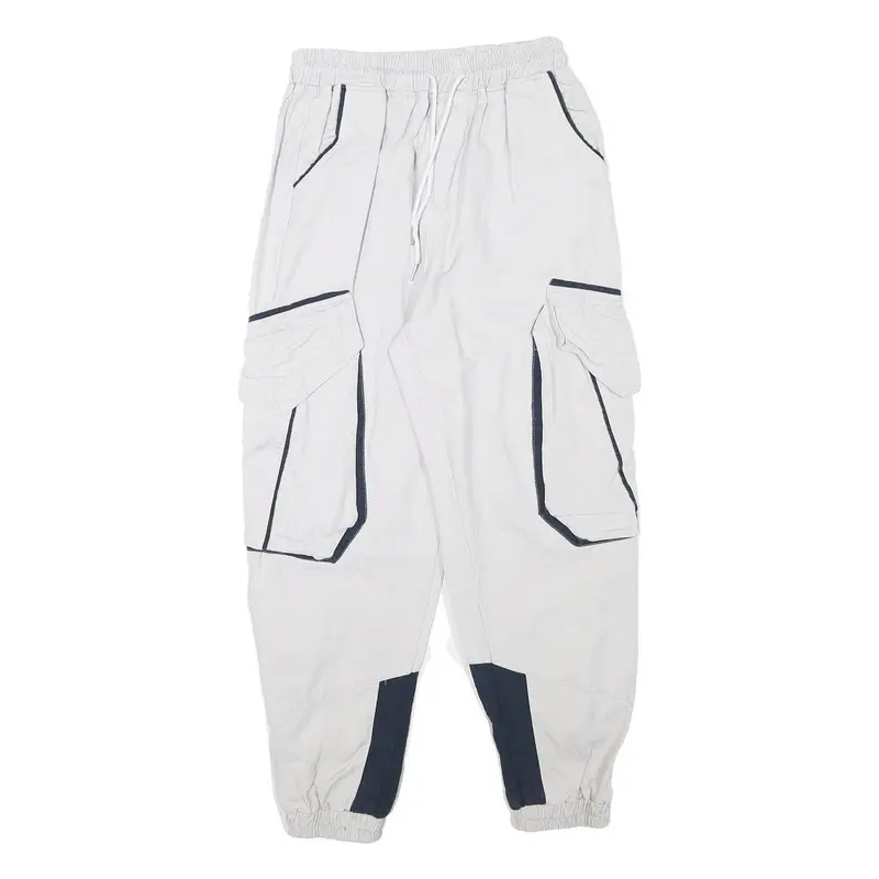 Mens White & Navy Relaxed Cargo Drawstring Cotton Blend Trousers W24 L25 Casual 1