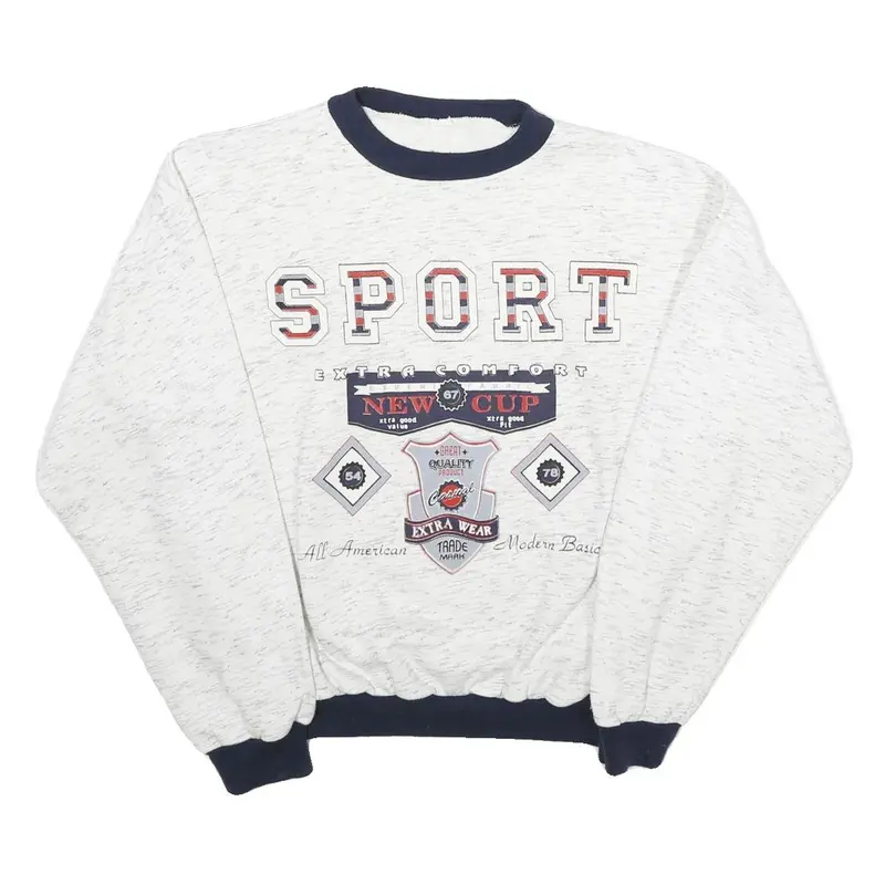 Mens White & Navy Sport Cotton Blend Crew Neck Sweatshirt S Casual Retro Style 1