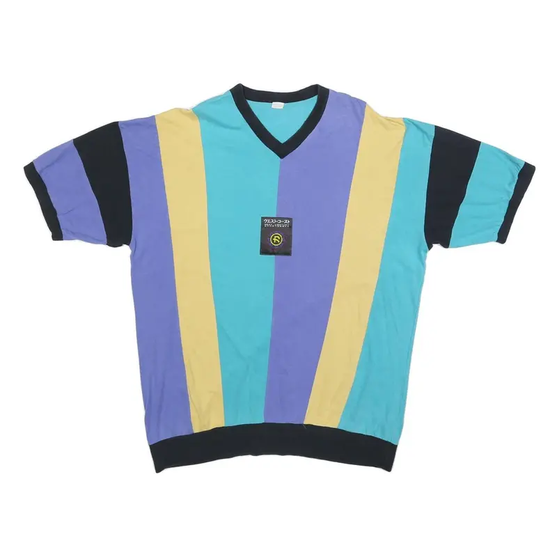 Mens Yellow & Purple & Blue V-Neck Short Sleeve Cotton Blend Shirt L Colour 1