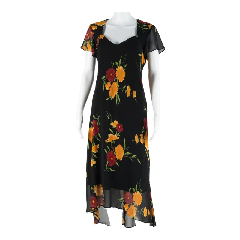 Menu Womens Day Dress Black Floral Short Sleeve Hi-Low S 1