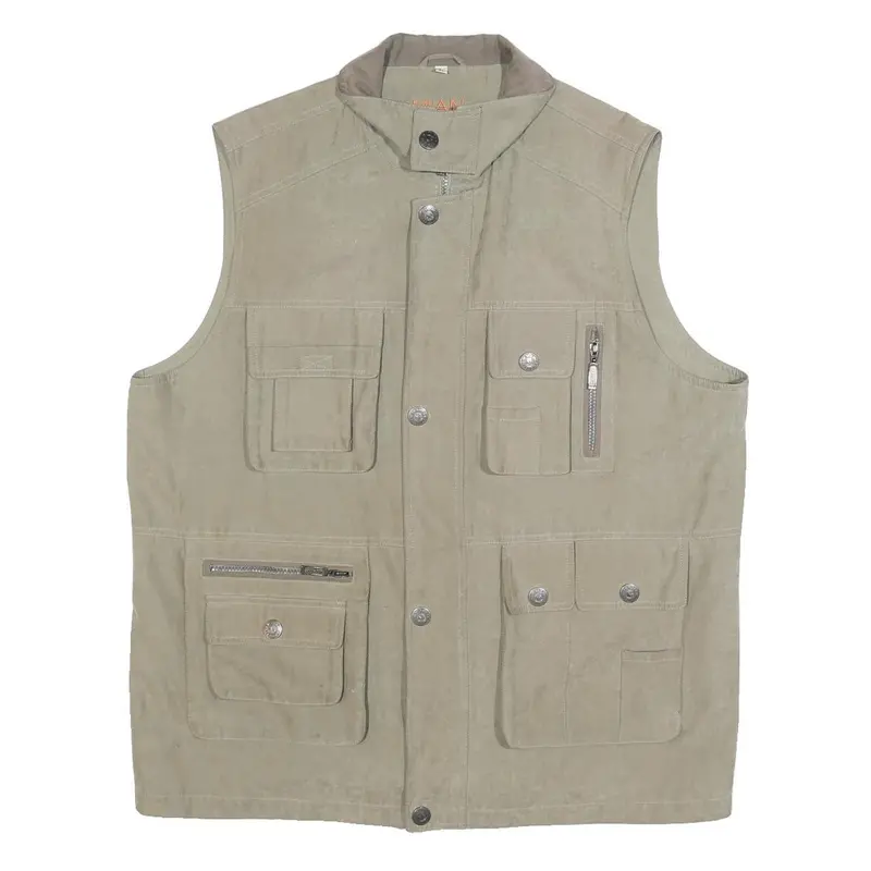 Mian Mens Beige Utility Jacket Xl Polyester Blend Zip Pockets Outdoor Vest 1