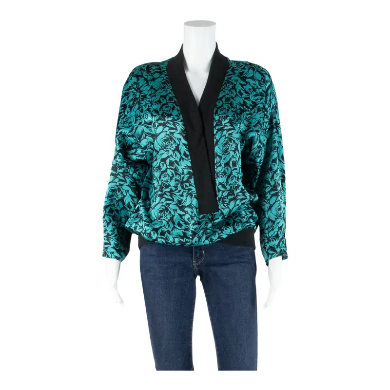 Michel Compte Womens Printed Top Blue V-Neck Long Sleeve Floral L 1