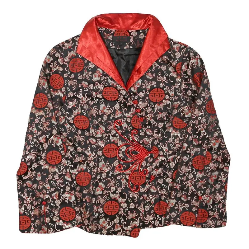 Miniye Womens Black & Red Asian Inspired Button Jacket L Polyester Blend Floral 1