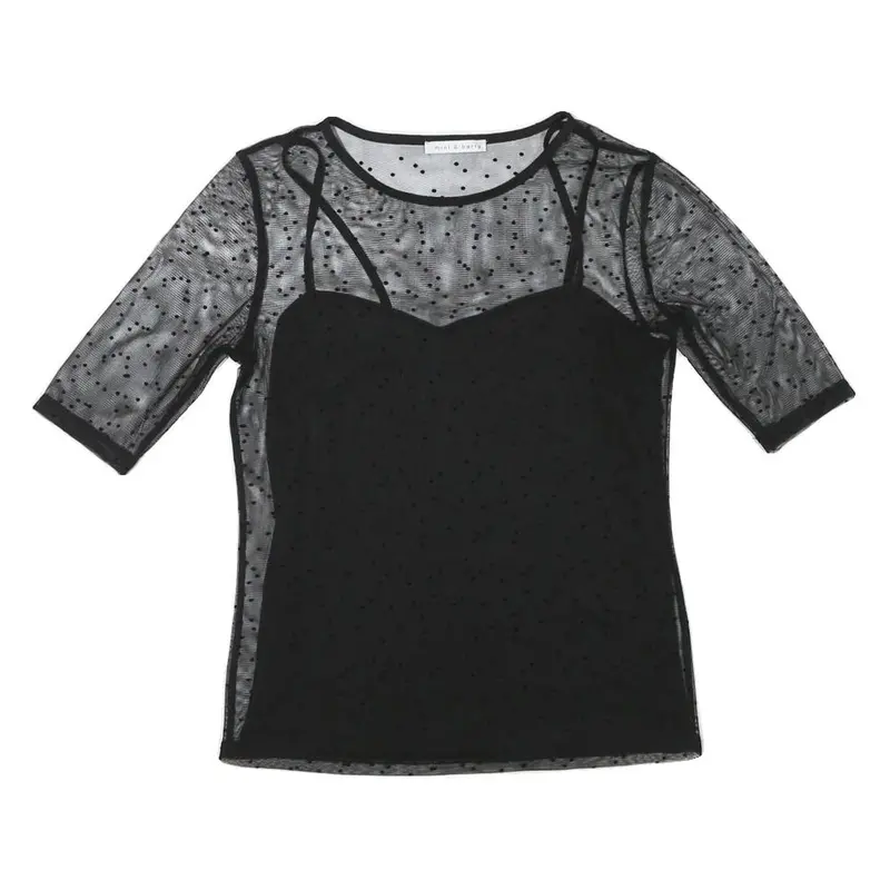 Mint Berry Womens Black Sheer Mesh Polka Dot Cropped Top Short Sleeve Round Neck 1