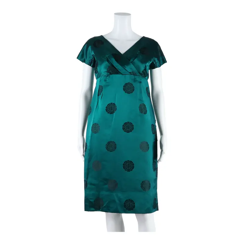 Miss Elliette Bow Back Lined Womens Day Dress Green Geometric Midi Xs 1