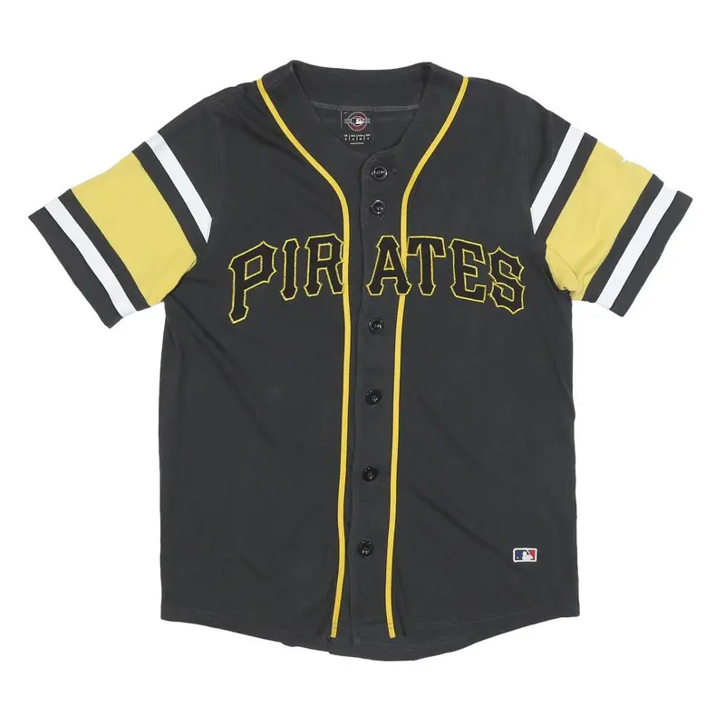 Mlb Mens Black & Yellow Pirates Button Front Short Sleeve Round Neck Baseball 1