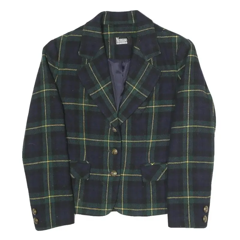 Modiano Womens Blue & Green Check Blazer S Polyester Blend Woven Tailored Button 1