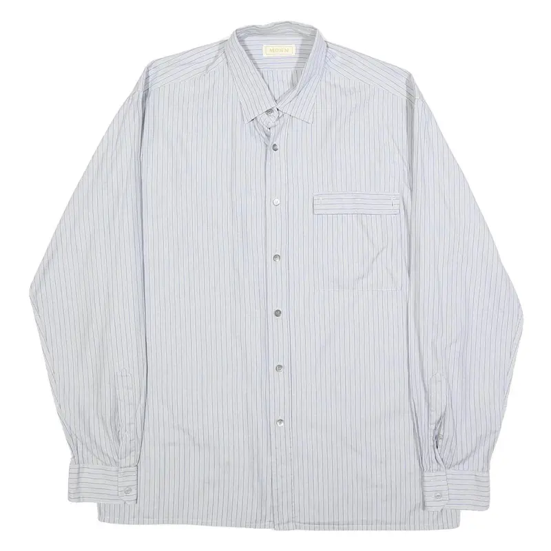 Monn Mens White & Blue Striped Shirt L Cotton Long Sleeve Button Casual 1