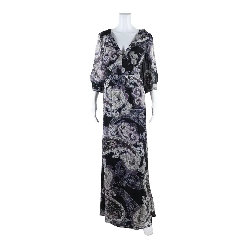 Monsoon Womens A-Line Dress Black Silk Crazy Pattern Long Uk 18 1