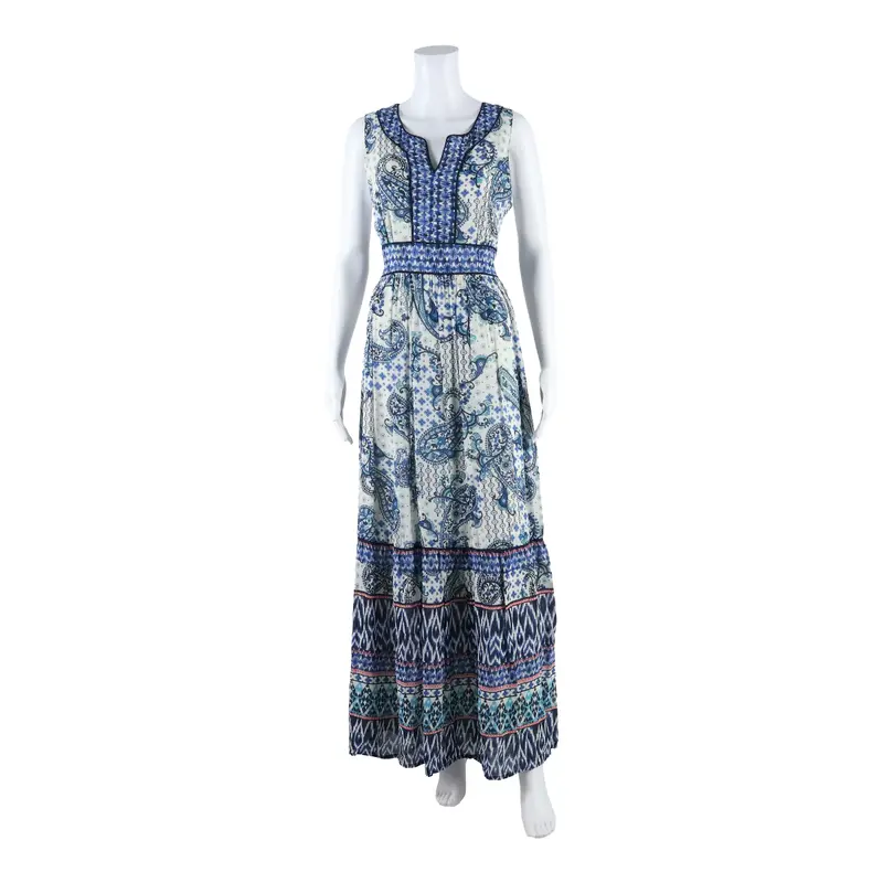 Monsoon Womens A-Line Dress Blue Viscose Crazy Pattern Sleeveless Long Uk 12 1