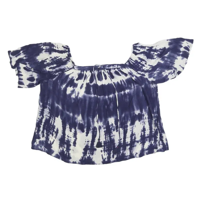 Monsoon Womens Blue & White Printed Bardot Top Short Sleeve Round Neck L 1