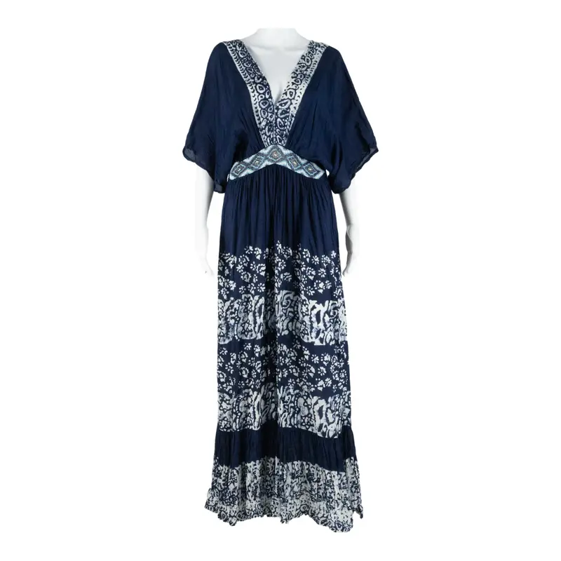 Monsoon Womens Day Dress Blue Viscose Crazy Pattern Short Sleeve Long M 1