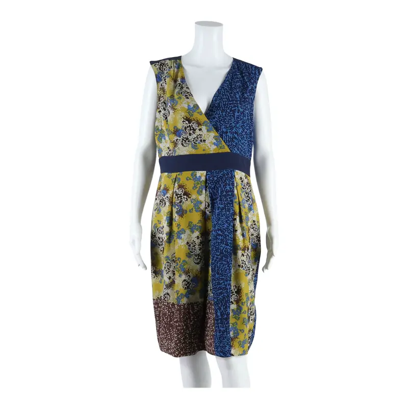 Monsoon Womens Pencil Dress Blue Viscose Crazy Pattern Sleeveless Midi Uk 14 1
