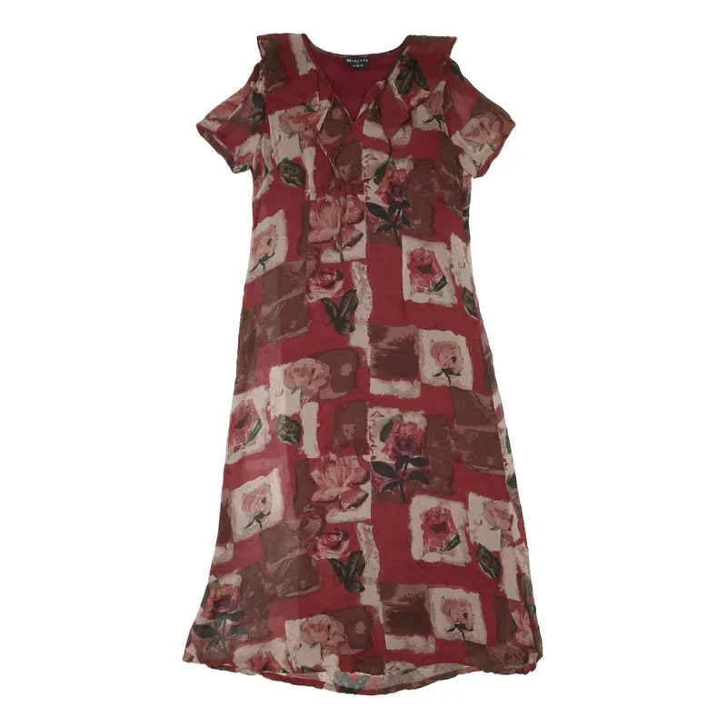 Monsoon Womens Red Brown Floral Day Polyester Blend Dress Uk 14 Ruffle Neck 1