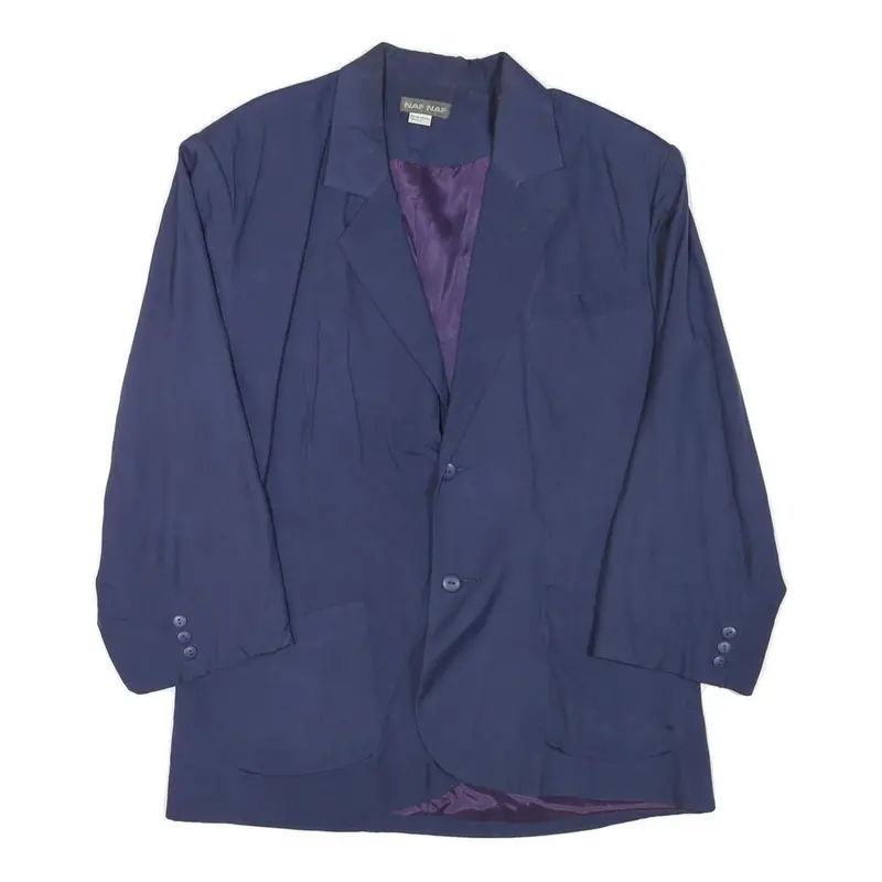 Naf Naf Womens Blue Silk Button Jacket L Plain Elegant Classic 1