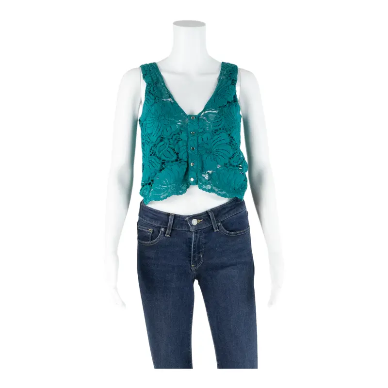 Naf Naf Womens Cropped Top Green Sleeveless Floral S 1