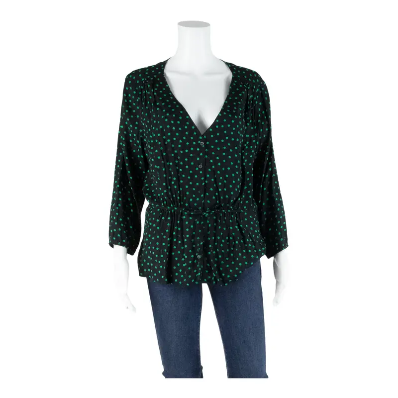 Naf Naf Womens Printed Blouse Black V-Neck Long Sleeve Spotted M 1