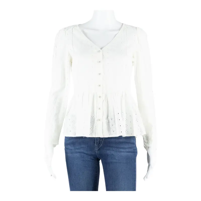Naf Naf Womens Smock Blouse White V-Neck Long Sleeve Fair Isle S 1