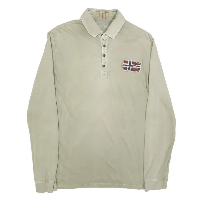 Napapijri Mens Beige Polo Shirt S Long Sleeve Plain Cotton Blend Casual Top 1