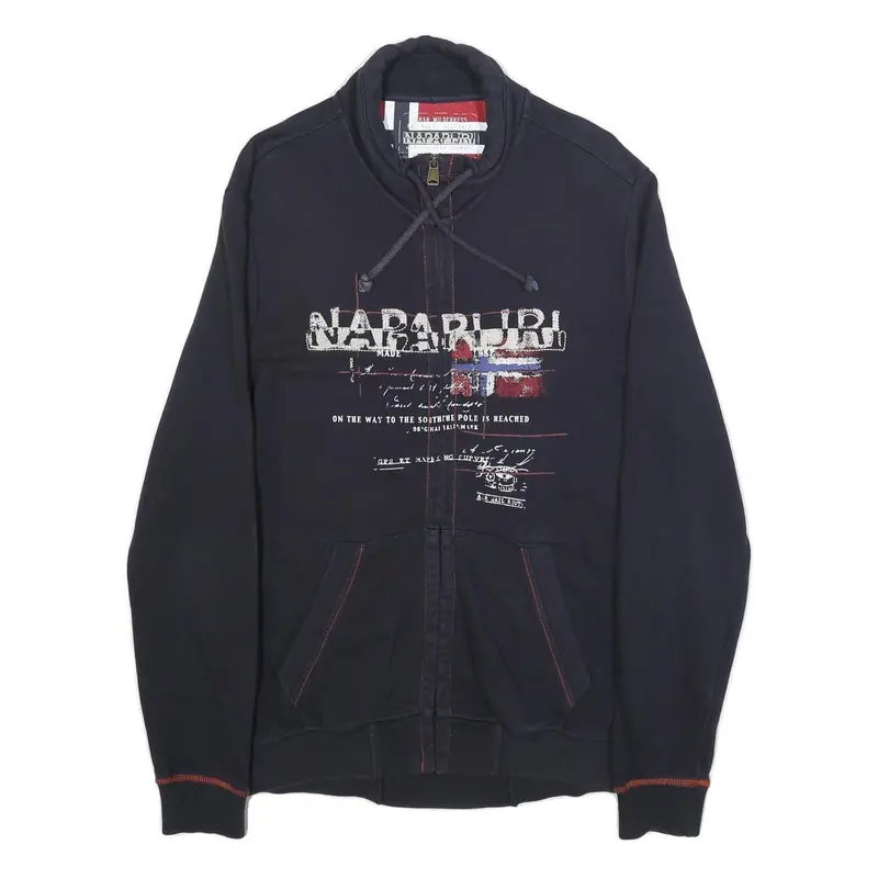 Napapijri Mens Navy Blue Cotton Zip Jacket L Logo Print Casual Outerwear 1