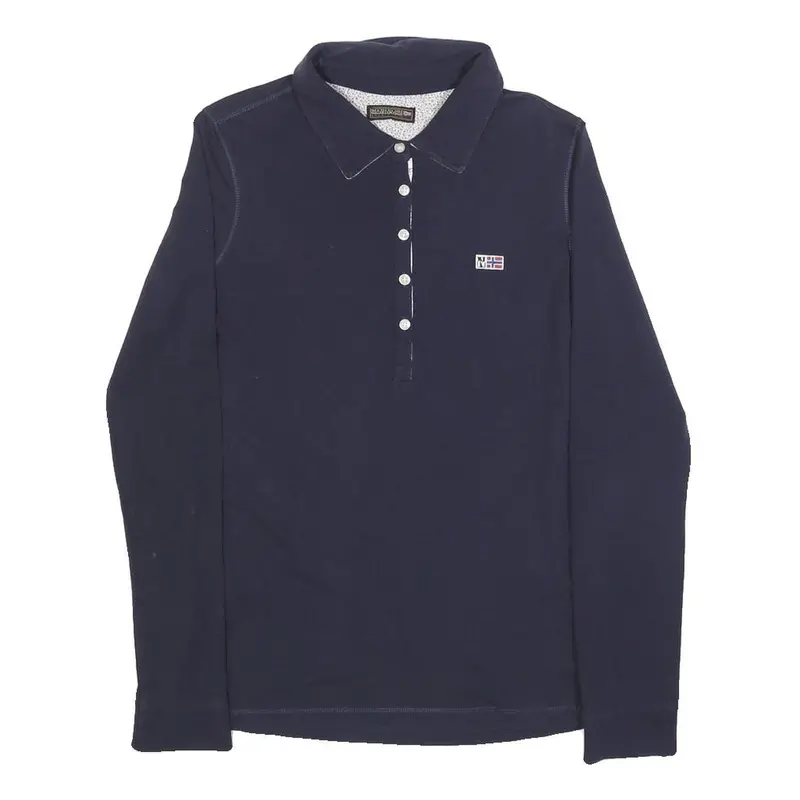 Napapijri Womens Blue Long Sleeve Plain Polo Shirt M Cotton Blend Flag Logo 1