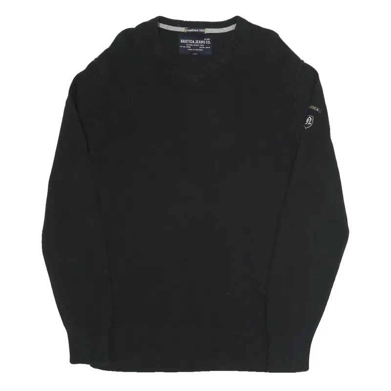 Nautica Mens Black Cotton Blend Plain V-Neck Basic Knit Jumper M Classic Style 1