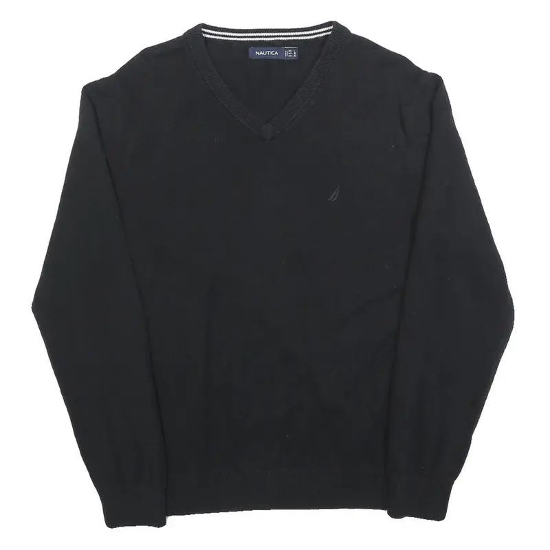 Nautica Mens Black Plain Jumper V-Neck Basic Knit L Cotton Blend Casual Knitwear 1